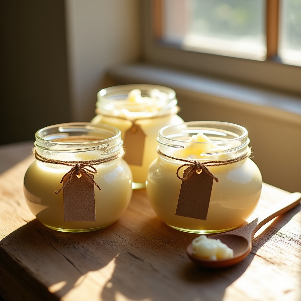 Gläser mit selbstgemachter Körperbutter auf einem Holztisch