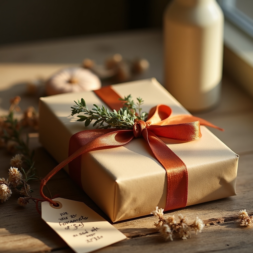 Verpacktes Geschenkset mit Naturkosmetik-Materialien und Schleifenband